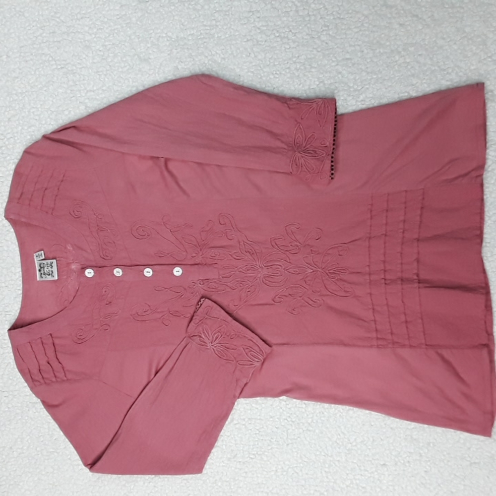 Parsley & Sage Tunic Small Mauve Pullover 3/4 Sleeve  Pleats Trim Lagenlook BOHO